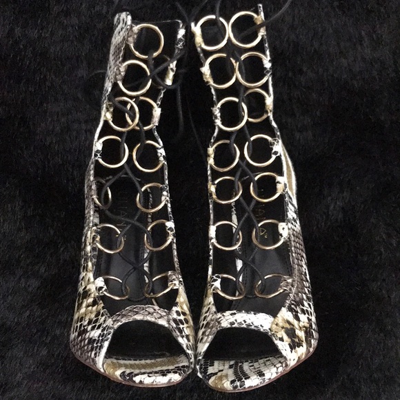 LILIANA Snakeskin Gold Hoop Lace Up Chunky Heels - Picture 2 of 3